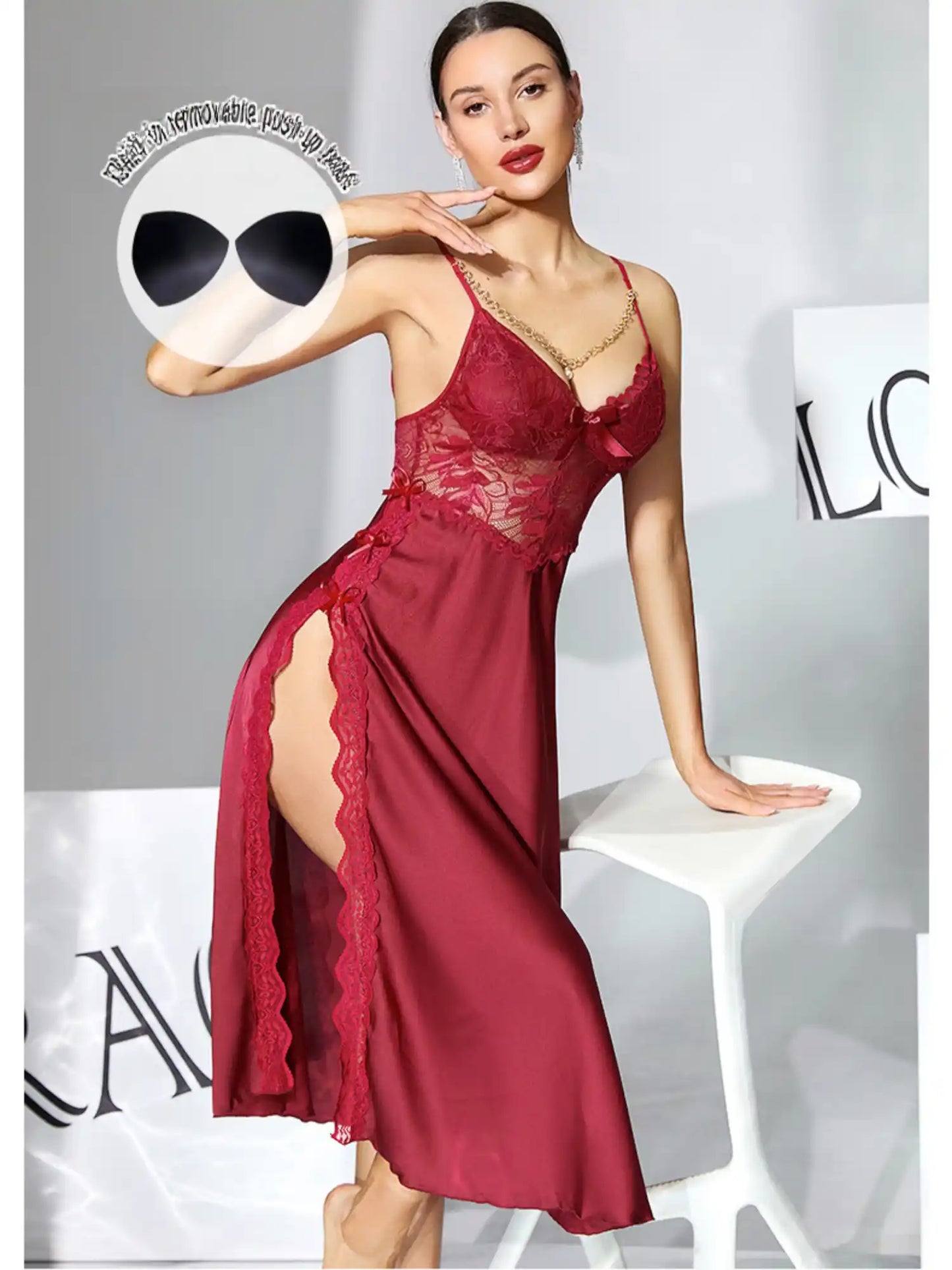 CHAIN DETAIL LACE HIGH SLIT NIGHTGOWN WITH DETACHABLE BRA PAD
