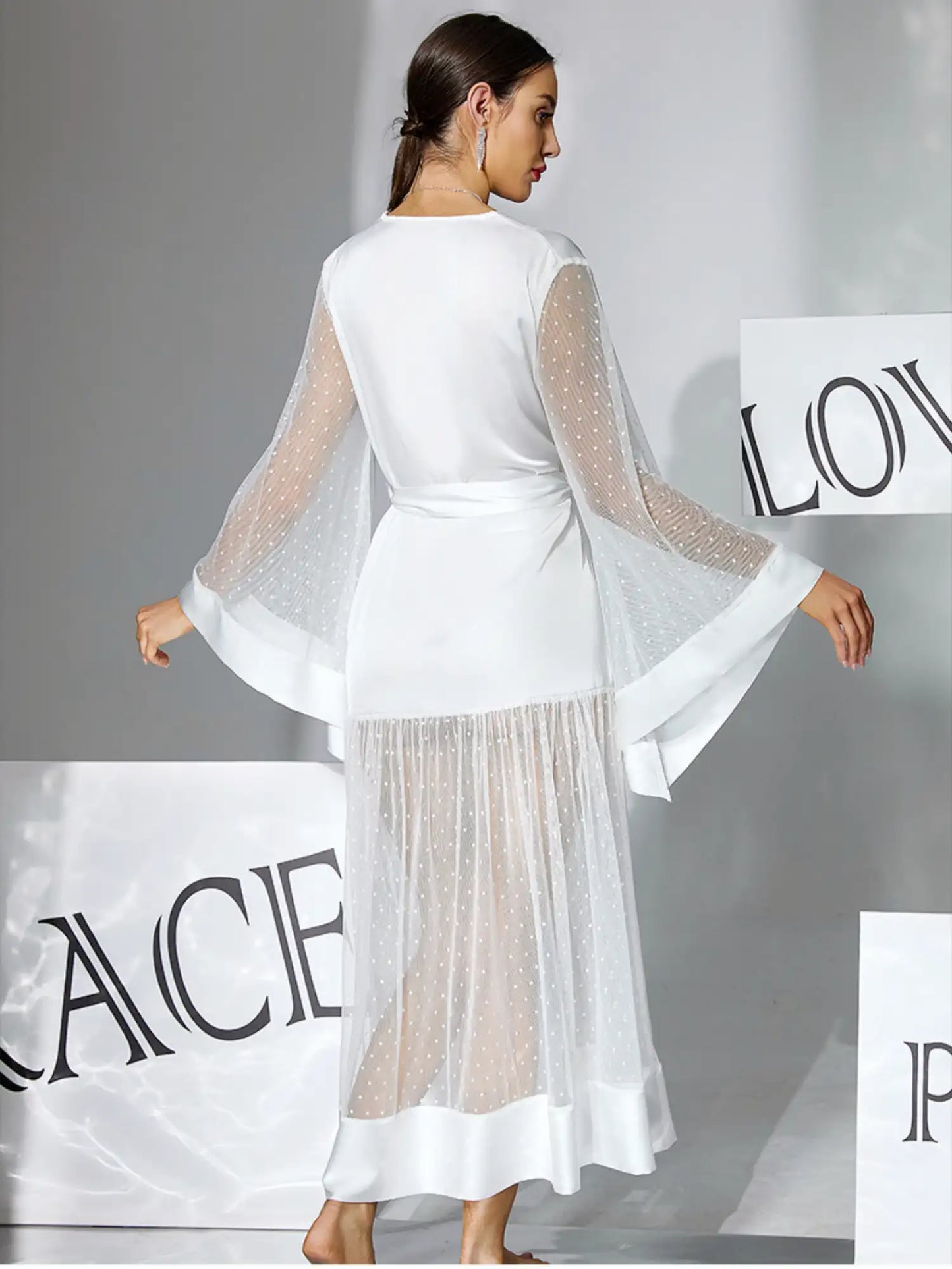 LONG SATIN POLKA DOT MESH SPLICED LUXURY ROBE WITH FLUTTER SLEEVES