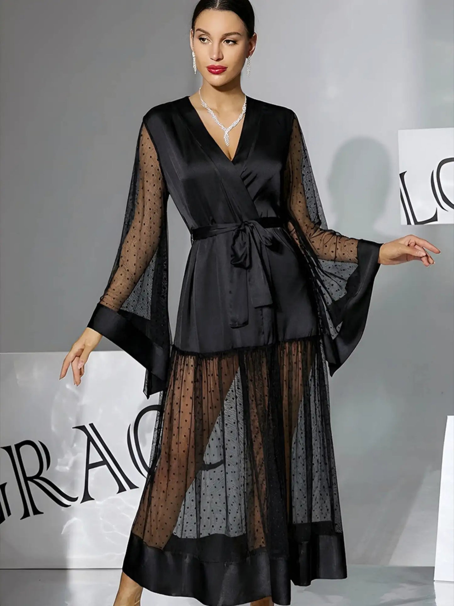 LONG SATIN POLKA DOT MESH SPLICED LUXURY ROBE WITH FLUTTER SLEEVES