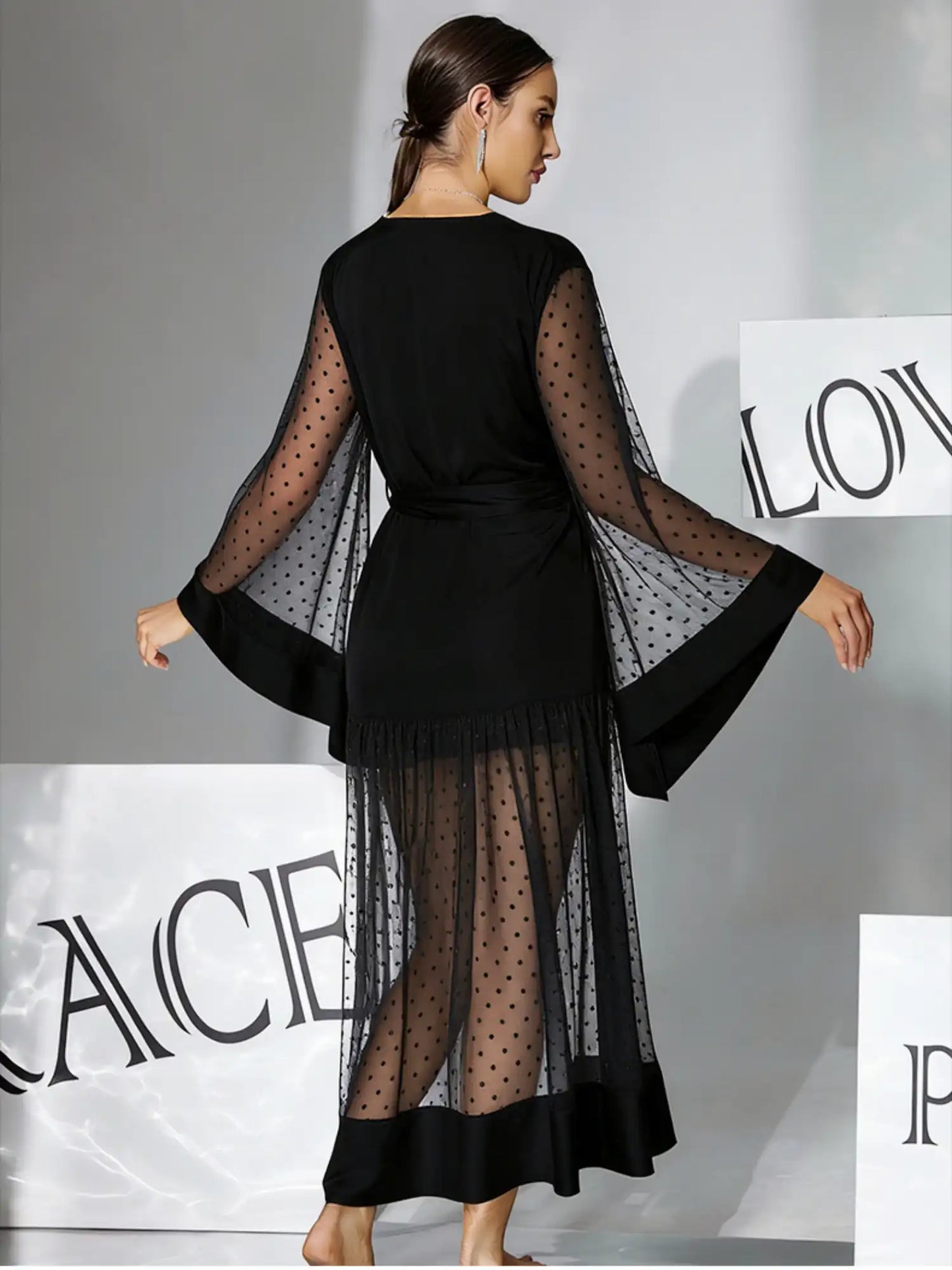 LONG SATIN POLKA DOT MESH SPLICED LUXURY ROBE WITH FLUTTER SLEEVES