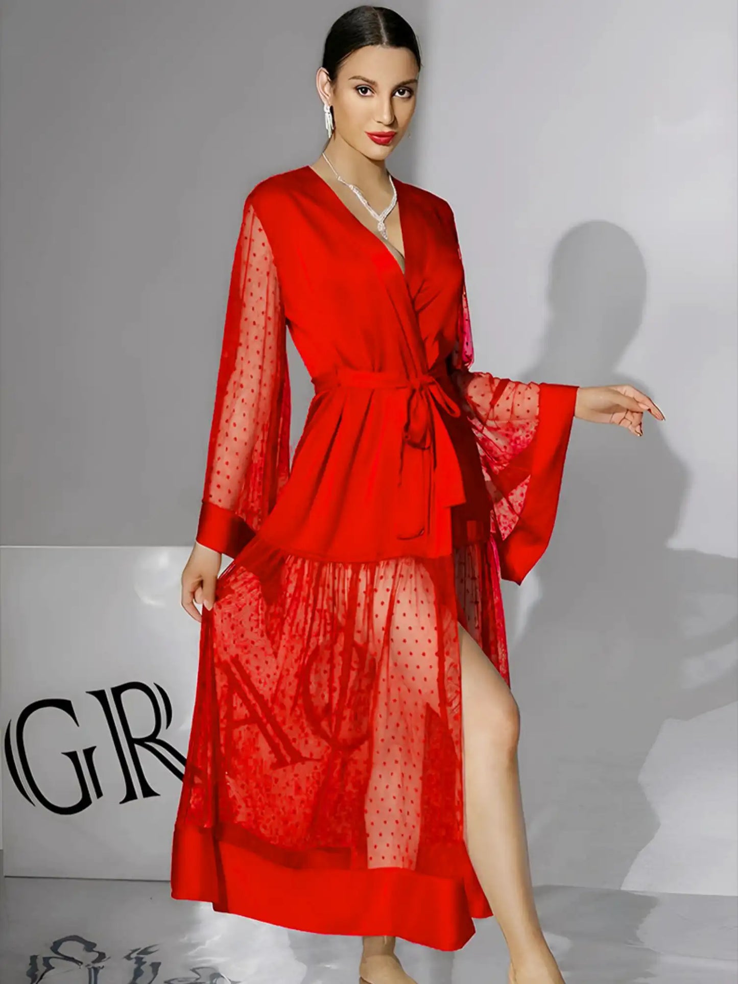 LONG SATIN POLKA DOT MESH SPLICED LUXURY ROBE WITH FLUTTER SLEEVES