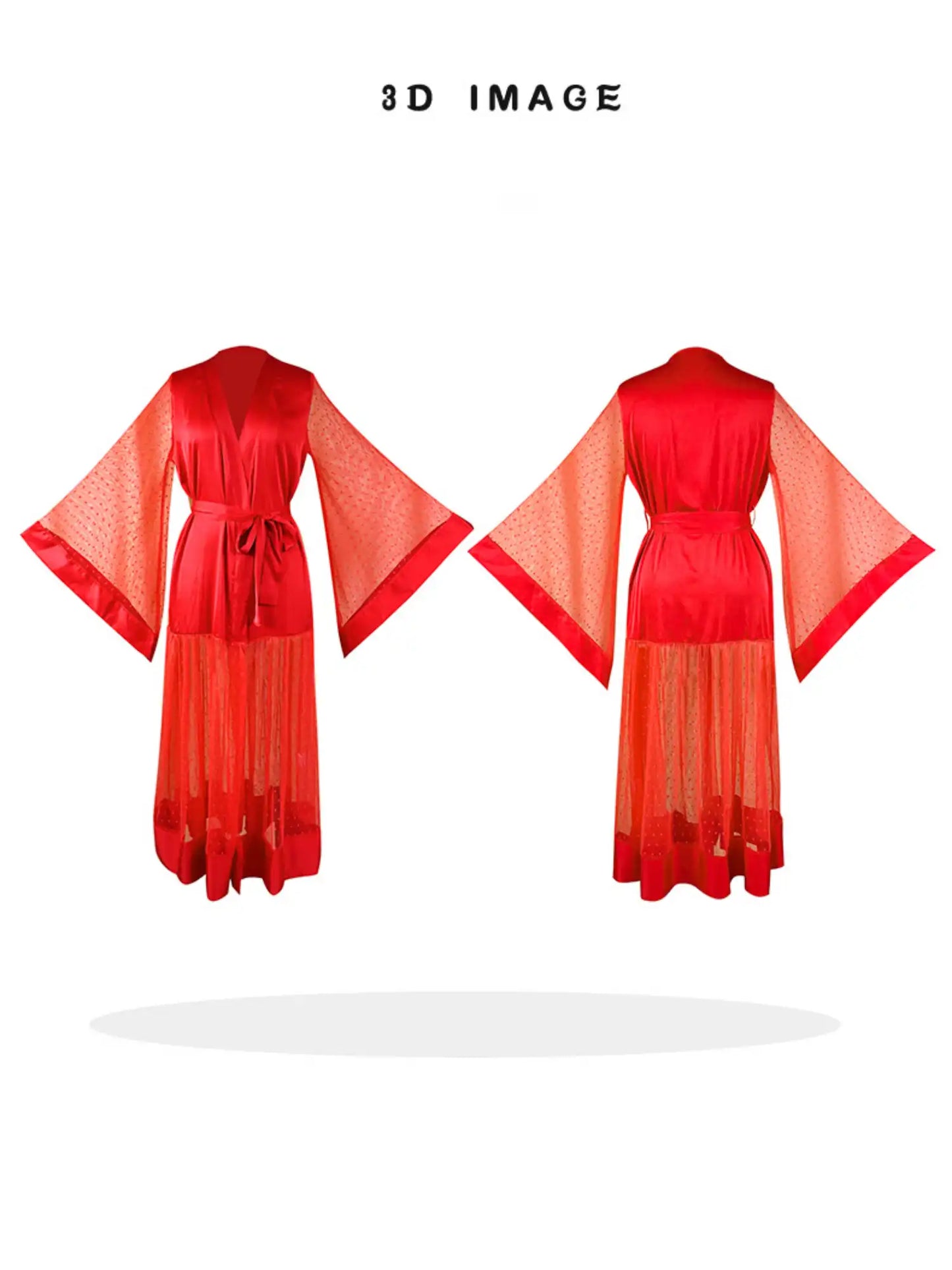 LONG SATIN POLKA DOT MESH SPLICED LUXURY ROBE WITH FLUTTER SLEEVES