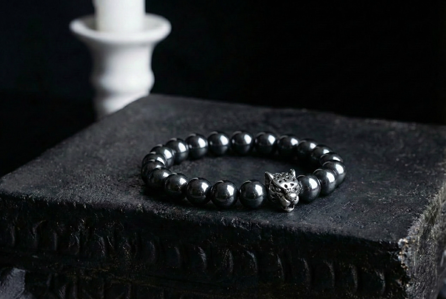 Men's Hematite Bracelet-Leopard Head
