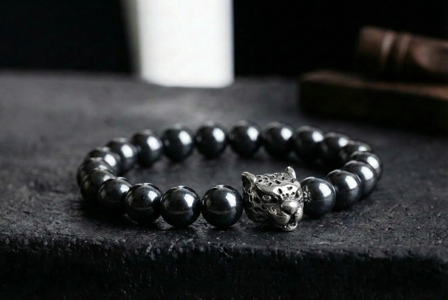 Men's Hematite Bracelet-Leopard Head