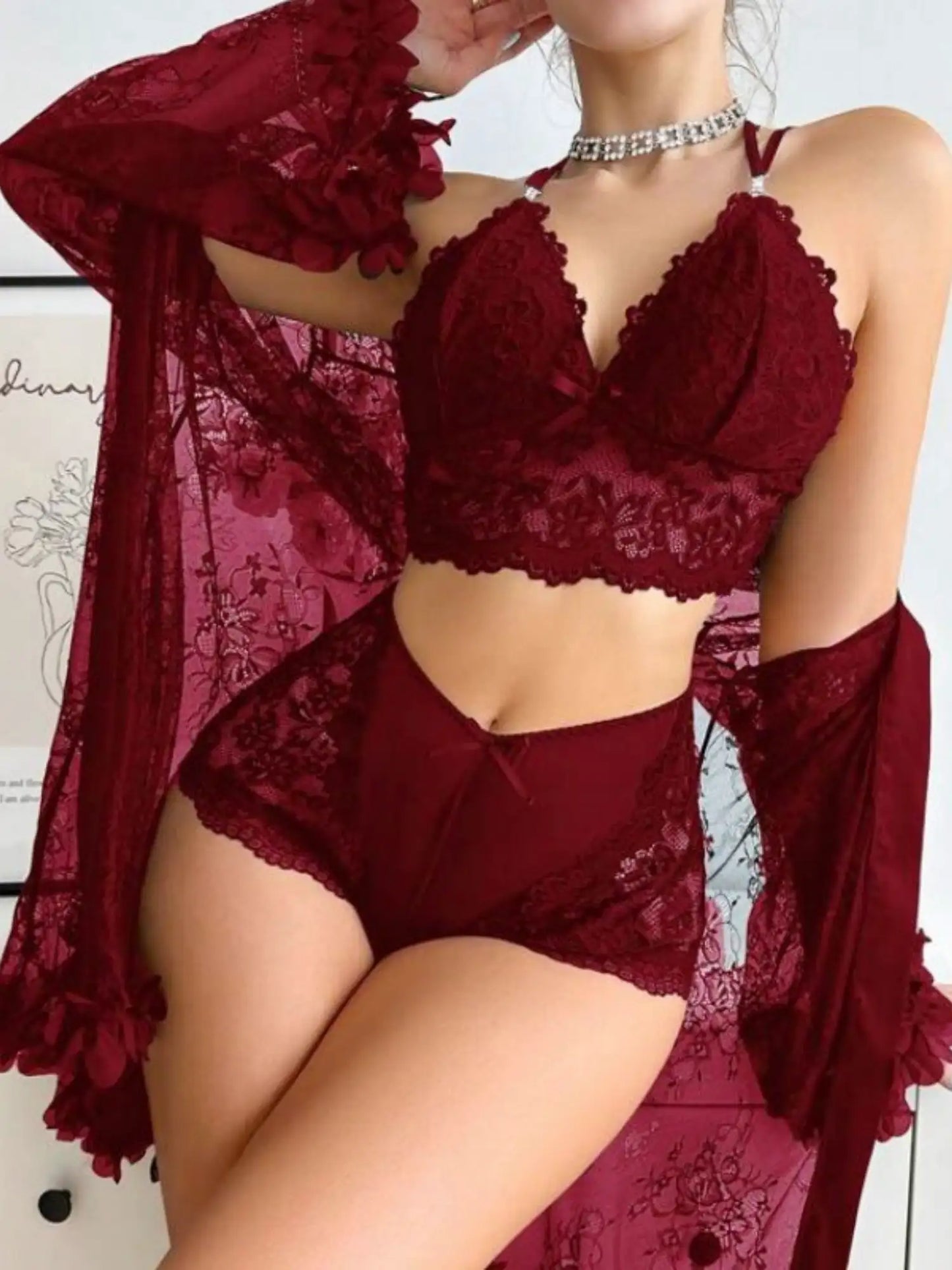 SHEER LACE LINGERIE & ROBE SET