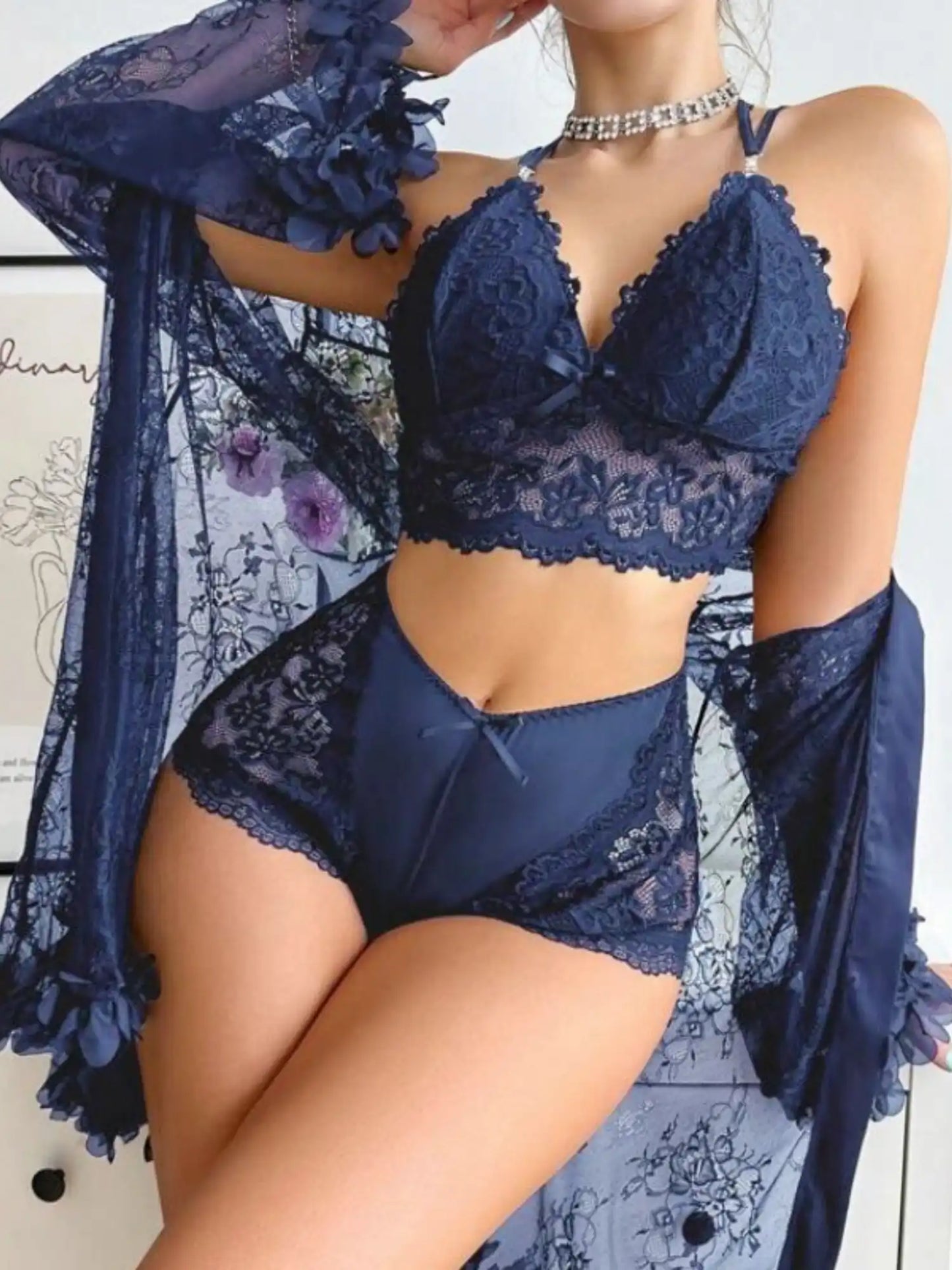SHEER LACE LINGERIE & ROBE SET