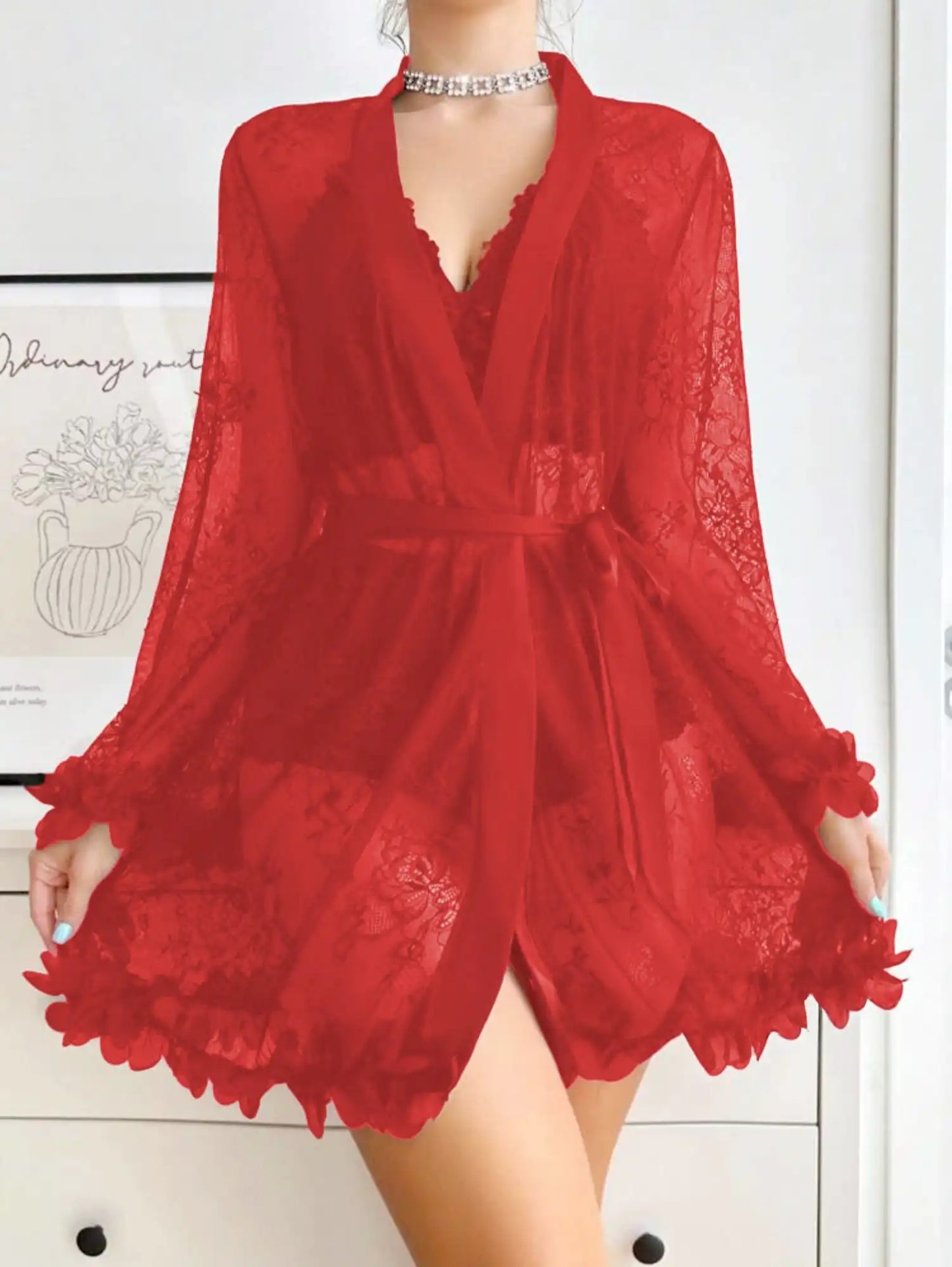 SHEER LACE LINGERIE & ROBE SET