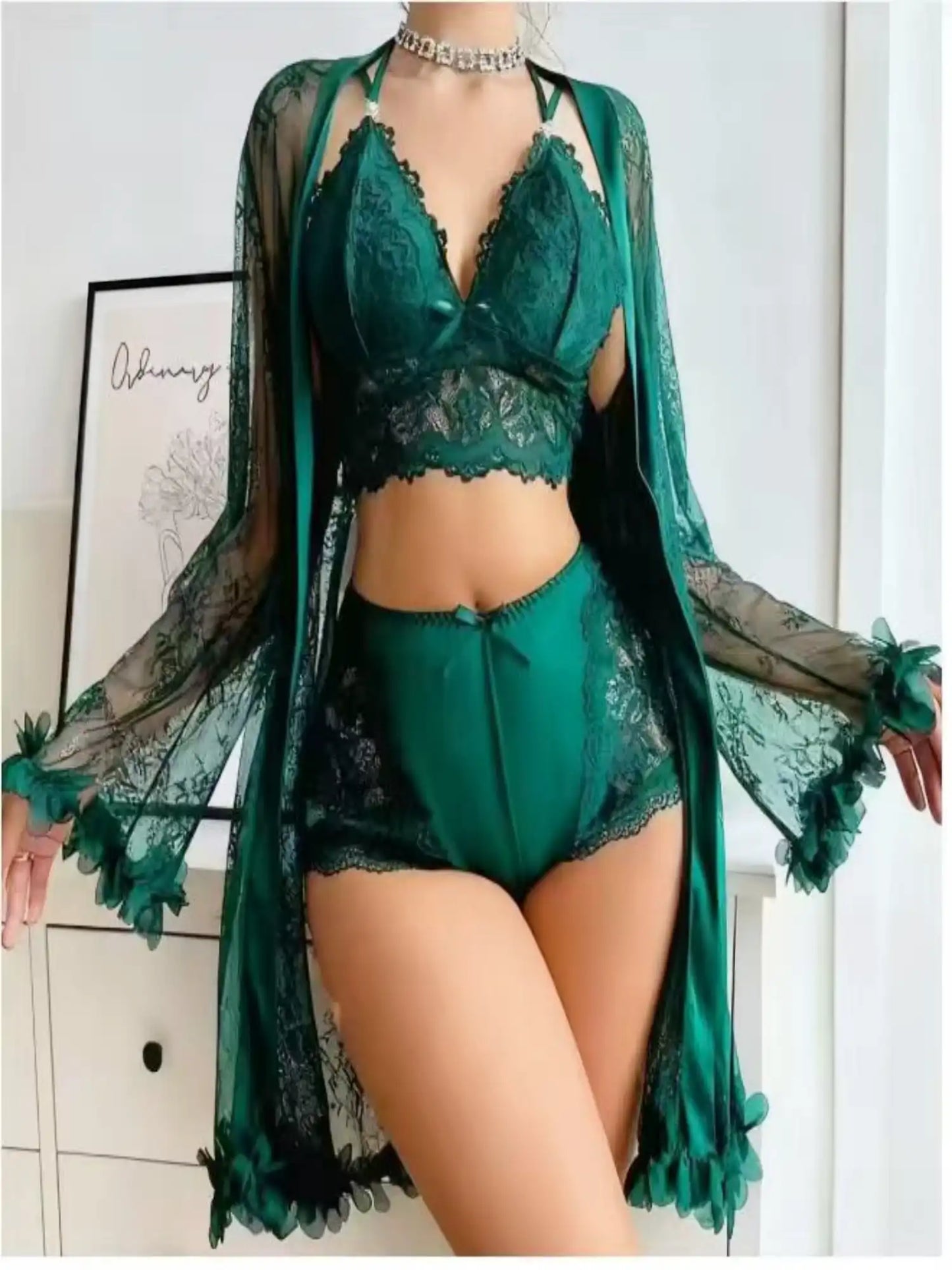 SHEER LACE LINGERIE & ROBE SET